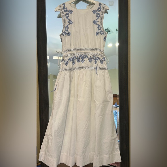 Zara Dresses & Skirts - Zara White Midi Dress with Blue Embroidered Trim